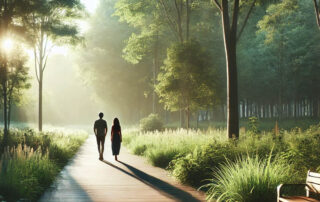 Couple walking in park on a wooden path through trees discussing the virtual counseling Wyndhurst Counseling at Charlottesville 1000