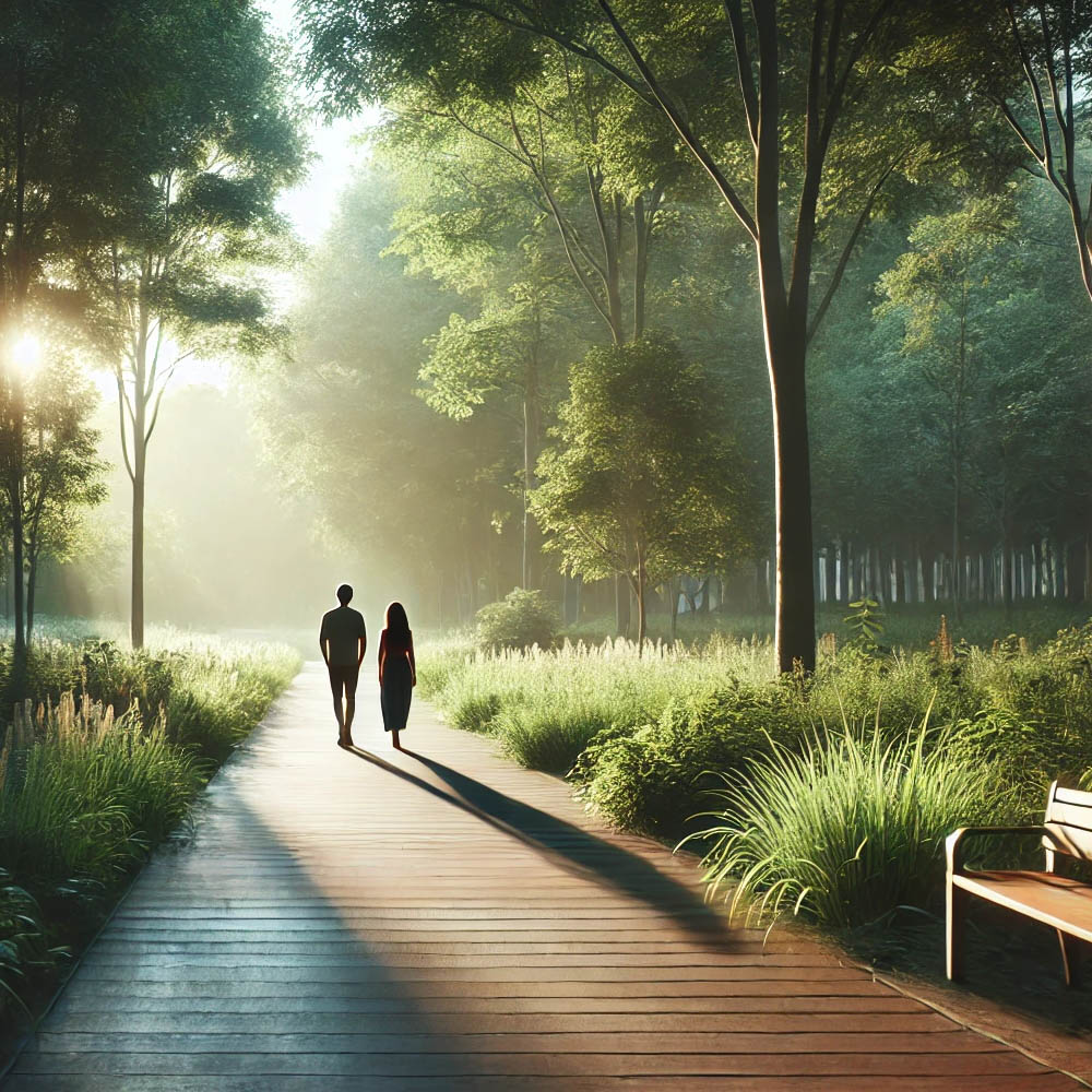 Couple walking in park on a wooden path through trees discussing the virtual counseling Wyndhurst Counseling at Charlottesville 1000