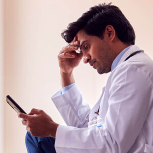 Doctor on floor looking at text messages on phone and very stressed 1000