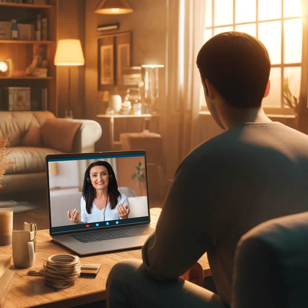 Man in Living Room having Virtual Counseling Session in Charlottesville with Counselor from Wyndhurst Counseling & Wellness 1000