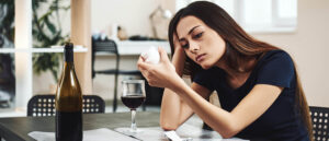 Woman depressed with wine and pills 2560